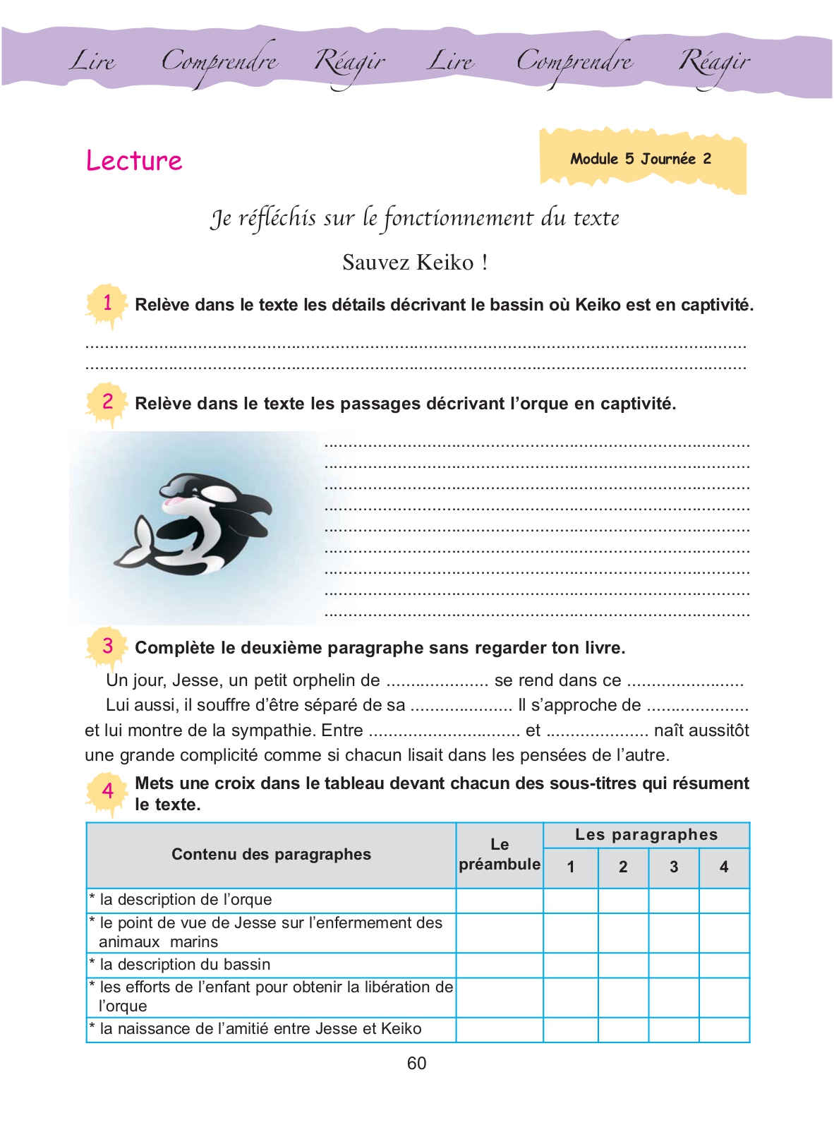 Cahier d'activités, page 60 : « Je réfléchis sur le fonctionnement du texte » — Sauvez Keiko !